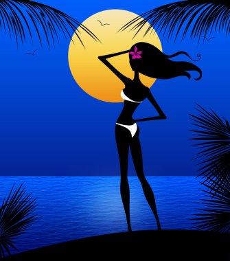 genç kadının mehtaplı bir plajda sllhouette