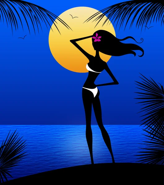 Sllhouette ung kvinna på en månbelyst strand — Stockfoto