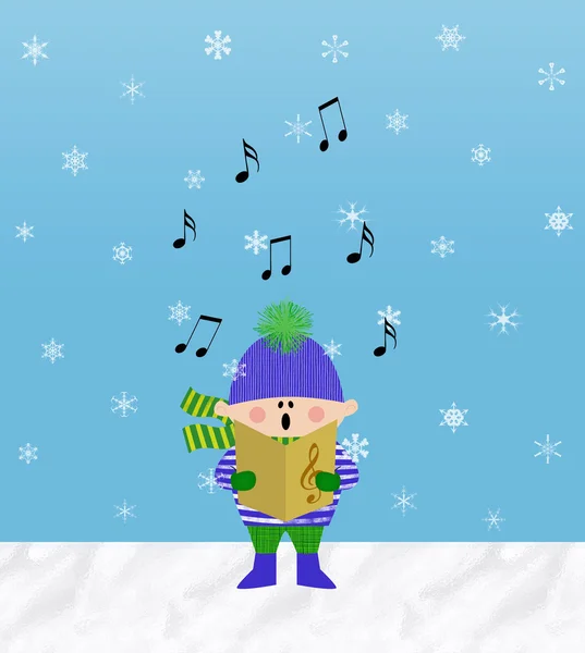 Mały chłopiec śpiewa w śniegu — Zdjęcie stockowe