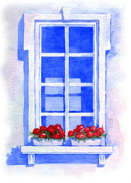 Window with flowers. Watercolor illustration — Stock Photo, Image