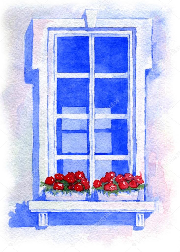 Window with flowers. Watercolor illustration