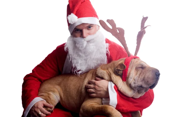 Weihnachtsmann mit Hund — Stockfoto