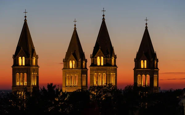 Detail Van Kathedraal Torens Met Zonsopgang Pecs — Stockfoto