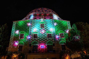 PECS - JULY 8 : Laser painted church on Zsolnay light festival on 8 July 2022 in Pecs, Hungary.