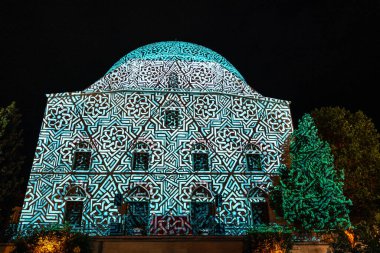 PECS - JULY 8 : Laser painted church on Zsolnay light festival on 8 July 2022 in Pecs, Hungary.