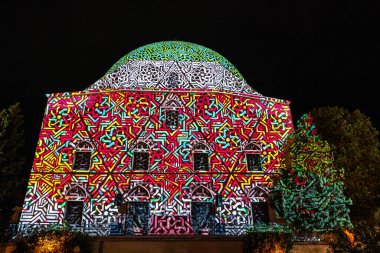PECS - JULY 8 : Laser painted church on Zsolnay light festival on 8 July 2022 in Pecs, Hungary.