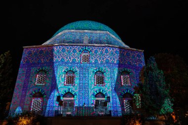 PECS - JULY 8 : Laser painted church on Zsolnay light festival on 8 July 2022 in Pecs, Hungary.