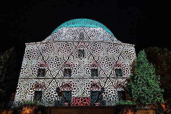 PECS - JULY 8 : Laser painted church on Zsolnay light festival on 8 July 2022 in Pecs, Hungary.