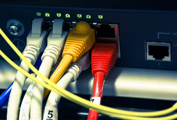 UTP netwerk kabels aangesloten op een snel-Giga-ethernet-poorten Rechtenvrije Stockfoto's
