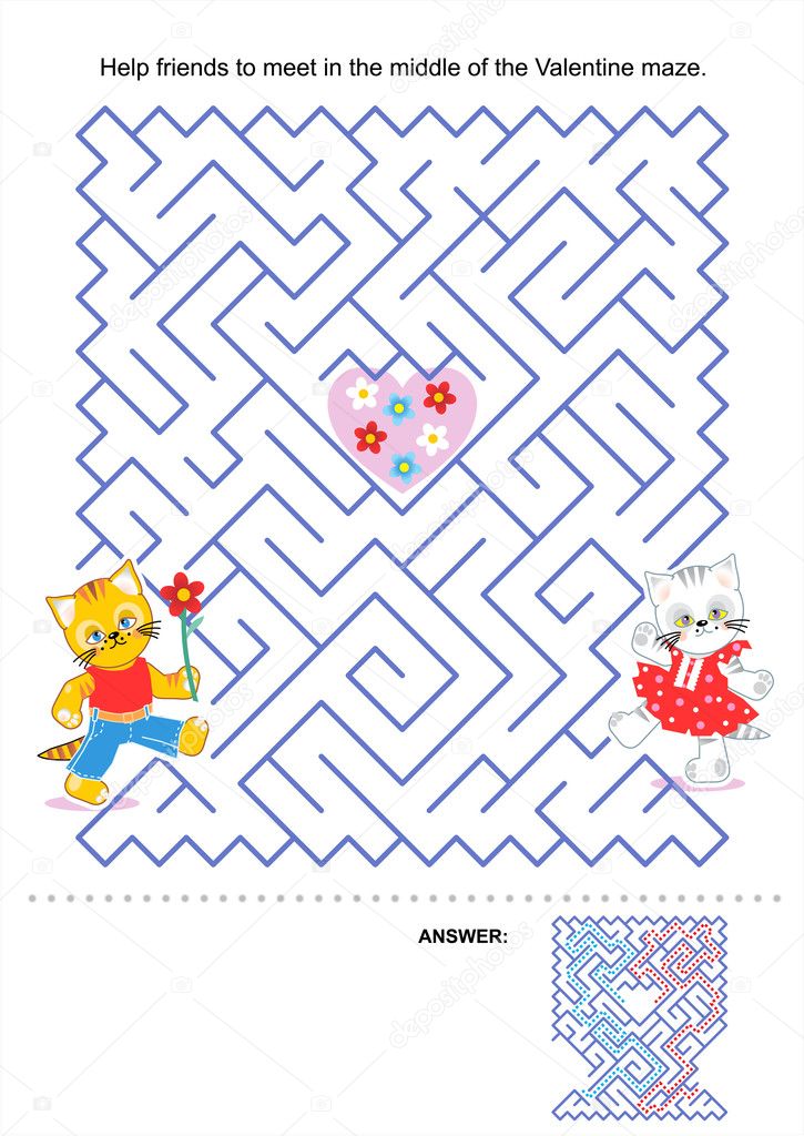 Maze game for kids Valentine kittens — Stock Vector