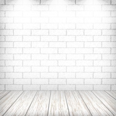 White brick wall with wooden floor and spotlights in a vintage i clipart