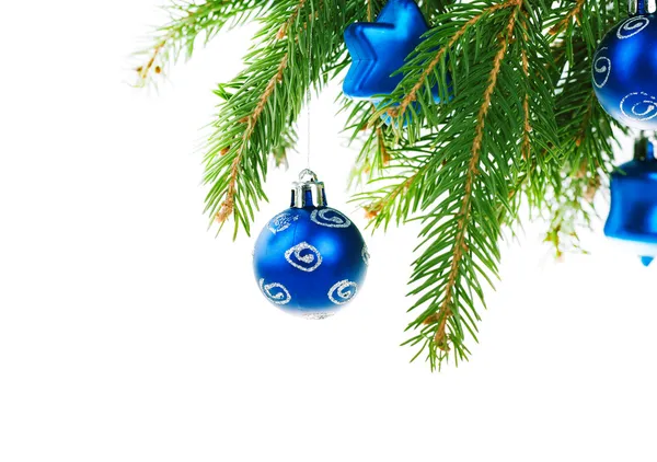 Christmas balls on branch of fir tree isolated on white backgrou — Stock Photo, Image