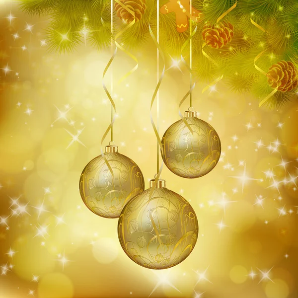 Bolas de Natal dourado no fundo de ouro abstrato — Vetor de Stock