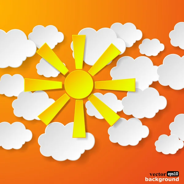 Abstract yellow paper sun and white paper clouds on orange backg — Stock Vector