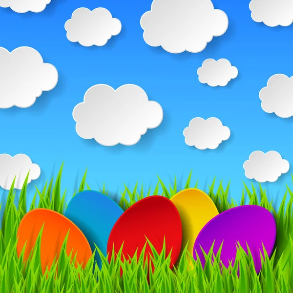Abstraktní velikonoční vajíčka z papíru na barevné jaro pozadí — Stockový vektor