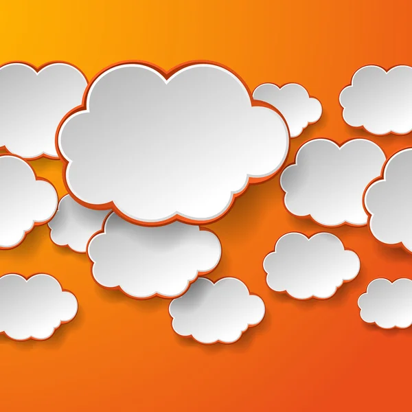 Bulles abstraites de discours de papier blanc sur fond orange. Nuage — Image vectorielle