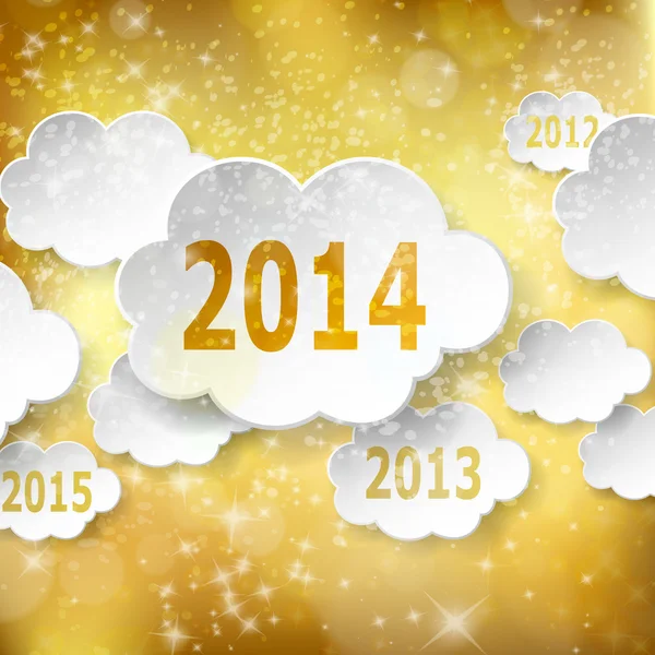 Σύγχρονο νέο έτος ευχετήρια κάρτα με χαρτί σύννεφα στον χρυσό έκφραση — Διανυσματικό Αρχείο