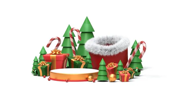 Різдвяний Подіум Сосновими Деревами Подарунками Кульками Рендеринг — стокове фото