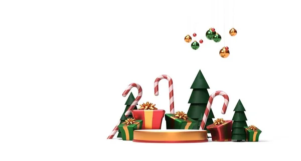 Weihnachtspodest Mit Tannenbäumen Geschenken Und Kugeln Darstellung — Stockfoto