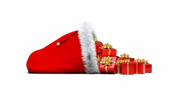 Χριστουγεννιάτικη Τσάντα Γεμάτη Κόκκινα Δώρα Απόδοση Λευκό Φόντο — Φωτογραφία Αρχείου