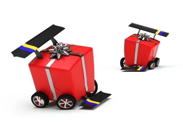 レーシングホイールとフィン付きクリスマスプレゼント 3Dレンダリング — ストック写真