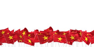 Beyaz arka planda bir sürü Vietnamlı bayrağı - 3D görüntüleme