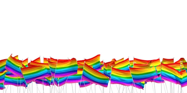 白色背景上的许多彩虹旗 3D渲染 — 图库照片
