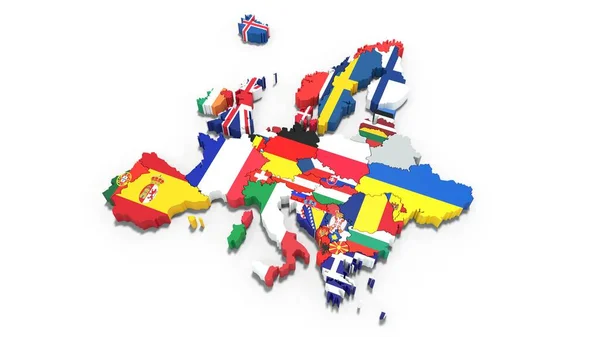 Mapa Europy Flagami Każdego Kraju Rendering — Zdjęcie stockowe