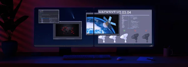 双屏电脑黑客攻击气氛 3D渲染 — 图库照片