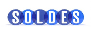 Beyaz arka planda 3D olarak satılan kelime - lehimler satışta kullanılan Fransızca kelime - 3D yorumlama