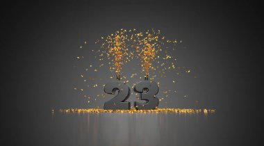 Number 23 gray on gray background with golden confetti - 3d rendering