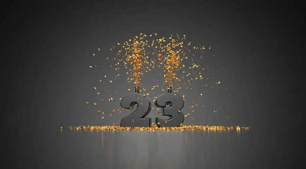 Number 23 gray on gray background with golden confetti - 3d rendering