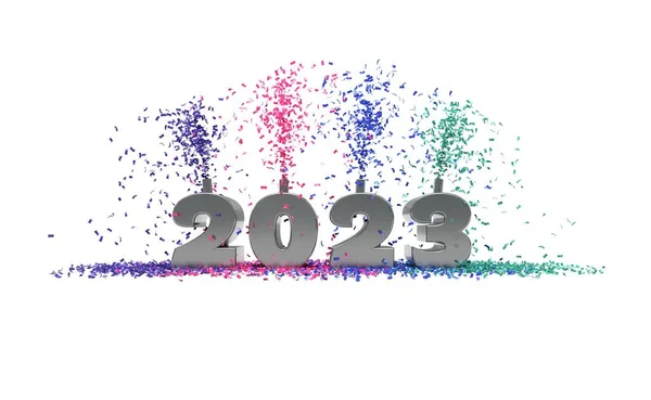 2023 Celebration Confetti Rendering Text White Background — 스톡 사진