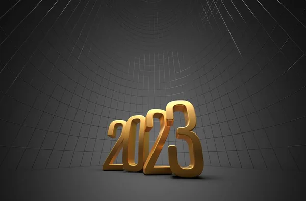 2023 Celebratie Goud Weergave Tekst Grijze Achtergrond — Stockfoto