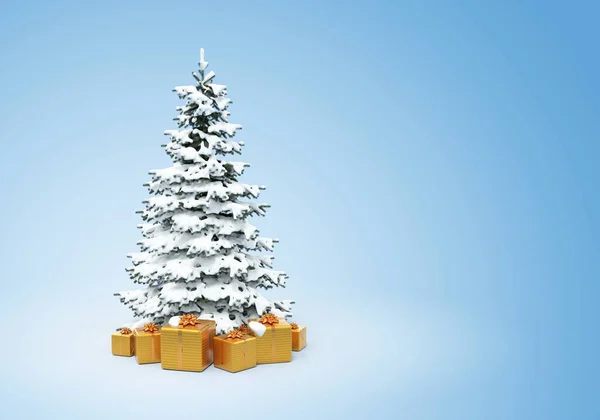 Χριστουγεννιάτικο Δέντρο Και Δώρα Καλυμμένα Χιόνι Μπλε Φόντο Rendering — Φωτογραφία Αρχείου