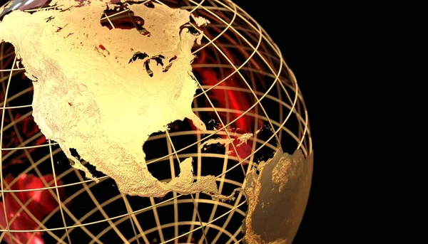 Złoty Ziemi Globus Metaliczny Wykończenie Czarne Tło Renderowanie — Zdjęcie stockowe