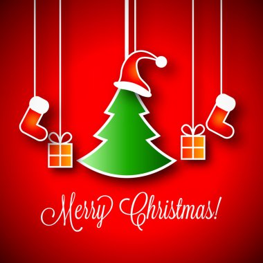 Mutlu Noeller vektör çizim | Yeşil Xmas ağacı | Küçük hediye kutuları | Kırmızı Santa Claus Red Hat | Kırmızı çorap