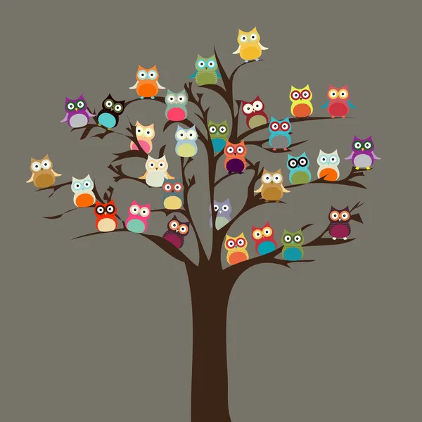 Un árbol lleno de búhos — Vector de stock