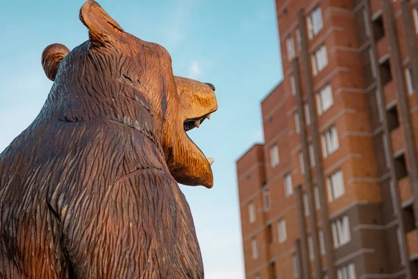 Apartmanın arka planındaki tahta ayının başı.