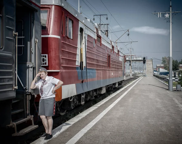 Juillet 2018 Russie Portrait Conducteur Train Par Train Gare — Photo