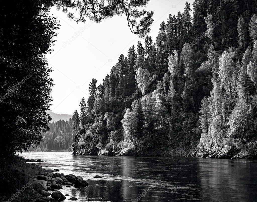 The landscape with Biya river in Altay black and white