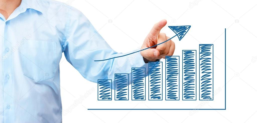 Business man pointing at blue bar chart for business growth concept