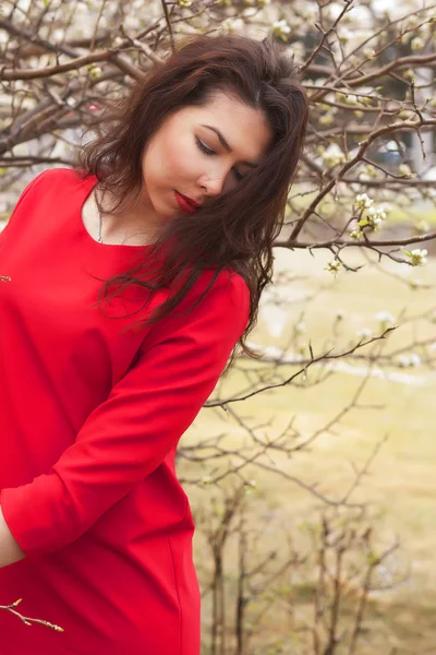 Hermosa chica con el vestido rojo. Manzana en flor —  Fotos de Stock