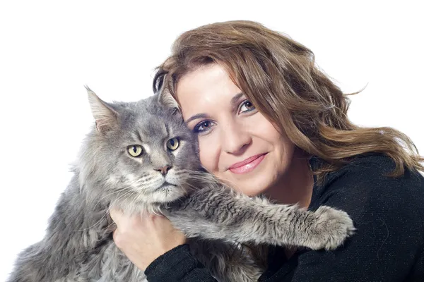 Maine coon gatto e donna — Foto Stock