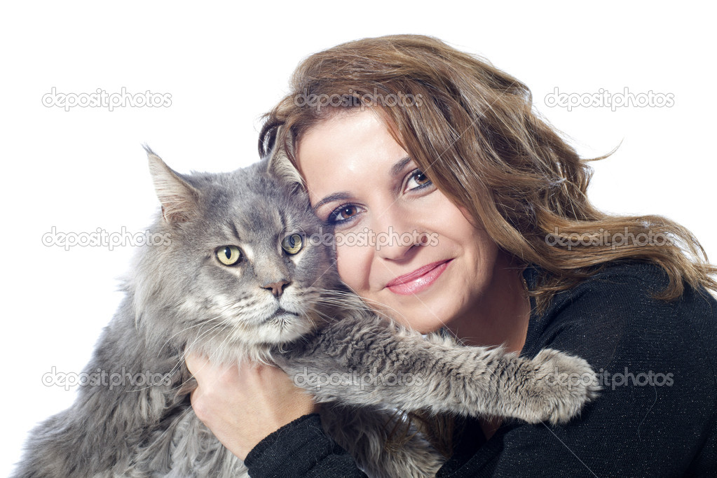 Maine coon cat and woman