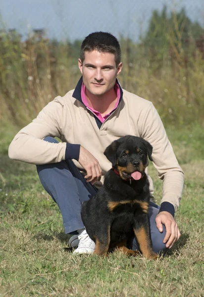 Man och valp rottweiler — Stockfoto