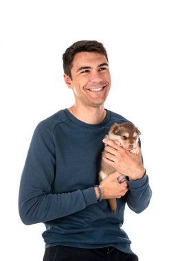 Genç Fin Lapphund ve beyaz arkaplan sahibi