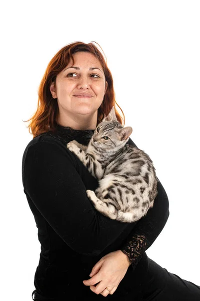 Bengal Cat Woman Front White Background — Photo
