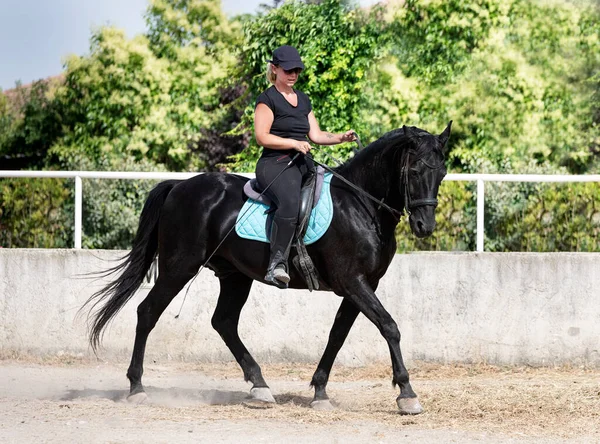 Équitation Fille Sont Formation Son Cheval Noir — Photo