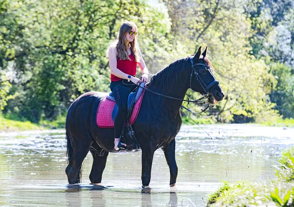 骑自行车的姑娘正在河里训练她的黑马 — 图库照片